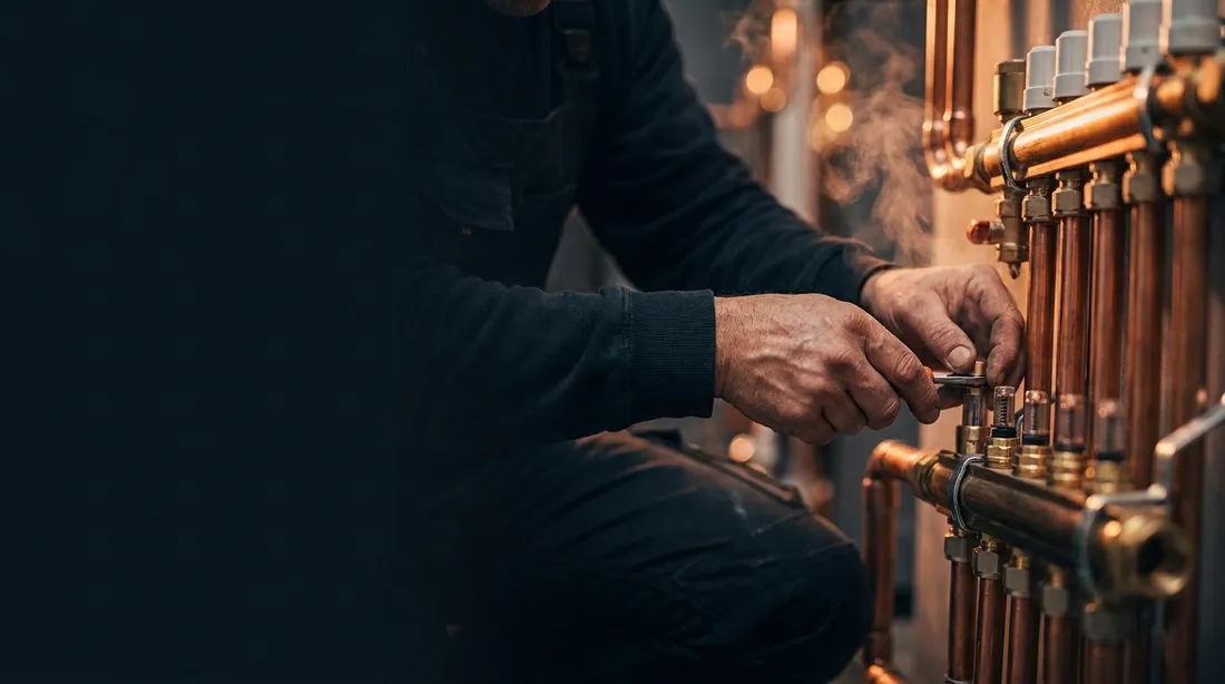 Handwerker bei der sorgfältigen Arbeit an einem Kupfer-Verteiler
