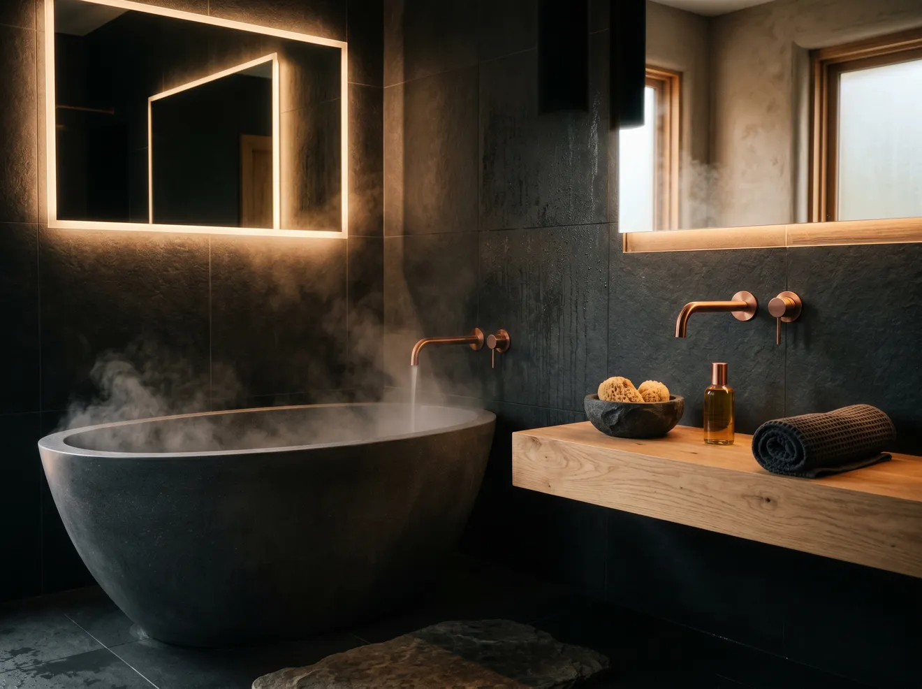 Modernes, elegantes Badezimmer mit Kupfer-Armaturen