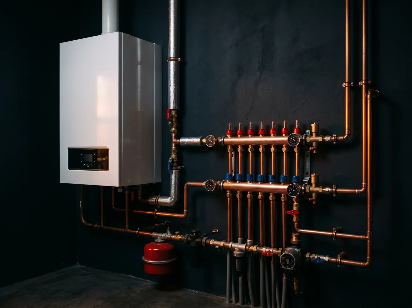 Moderne Heizungsanlage mit Brennwerttherme und Kupfer-Verteiler