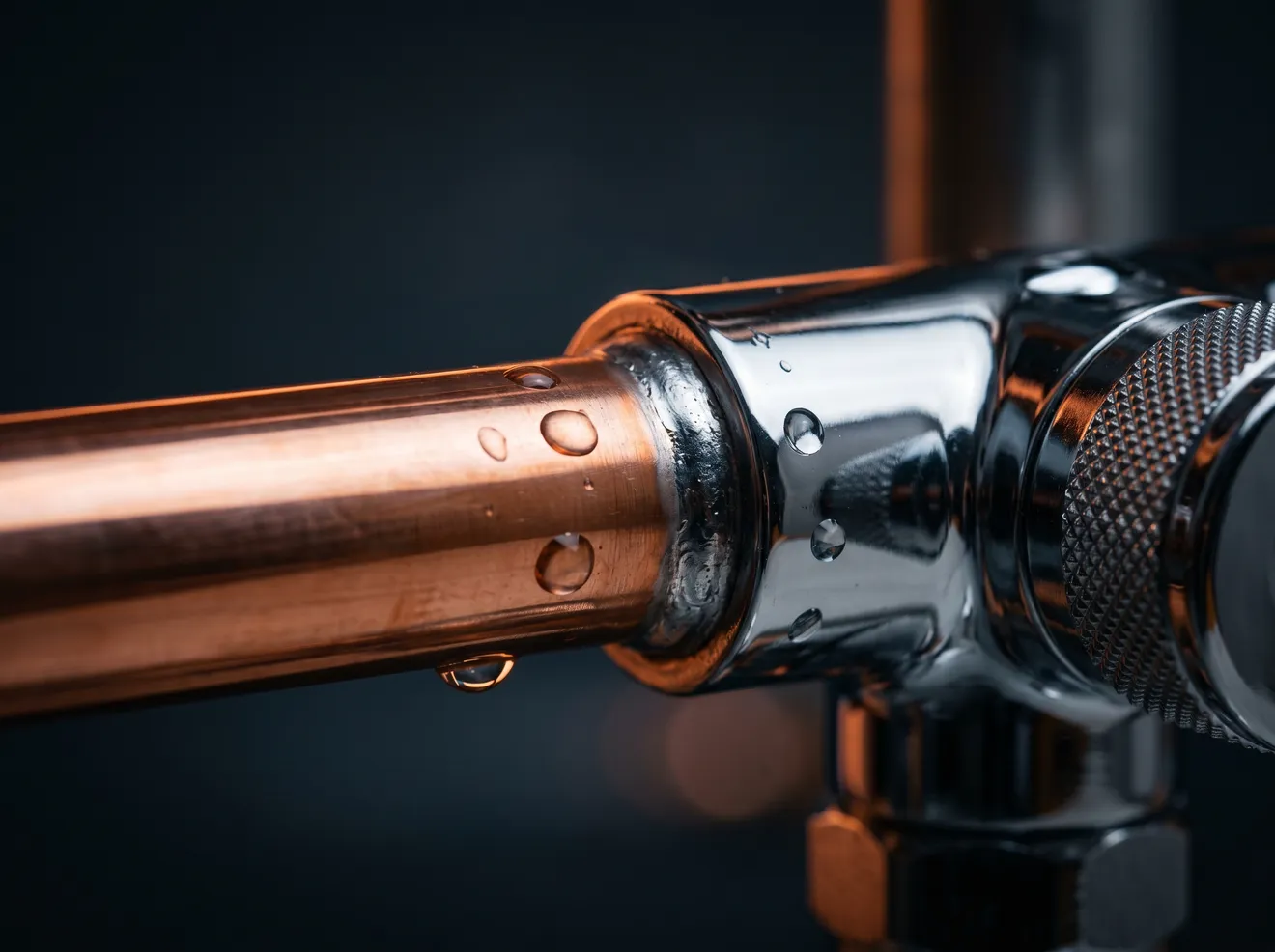 Neu verlegte, blank polierte Kupfer- und Chrom-Wasserleitungen